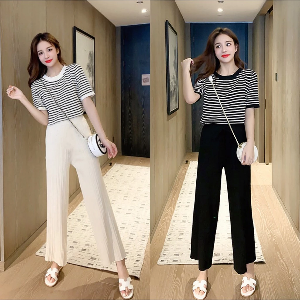 Cicishop(พร้อมส่ง)ชุดเซตไหมพรม เสื้อแขนสั้นลายทาง+กางเกงขายาว(3062)