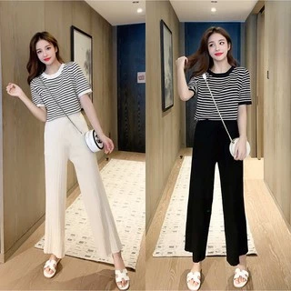 Cicishop(พร้อมส่ง)ชุดเซตไหมพรม เสื้อแขนสั้นลายทาง+กางเกงขายาว(3062)