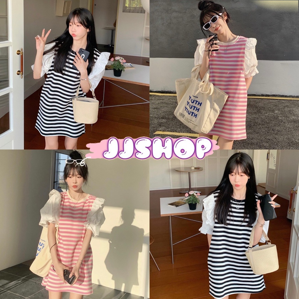 JJ shop พร้อมส่ง ชุดเดรสไหมพรมลายทาง แขนสั้นทรงเจ้าหญิงน่ารักมากๆ "8K63" -N