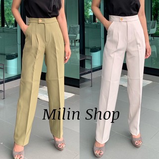 Milin Shop กางเกงขายาว ขากระบอก ขอบยื่น มีกระเป๋า กางเกงแฟชั่น กางเกงสีดำ