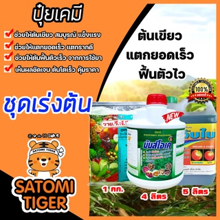 ชุดเร่งต้น ในชุดประกอบด้วย ปุ๋ยเร่งต้น มันส์โอเค 4ลิตร ปุ๋ยเล็ดวาย.วี.พี 30-10-10 1กก. และสารจับใบ แพนเธอร์ 5ลิตร