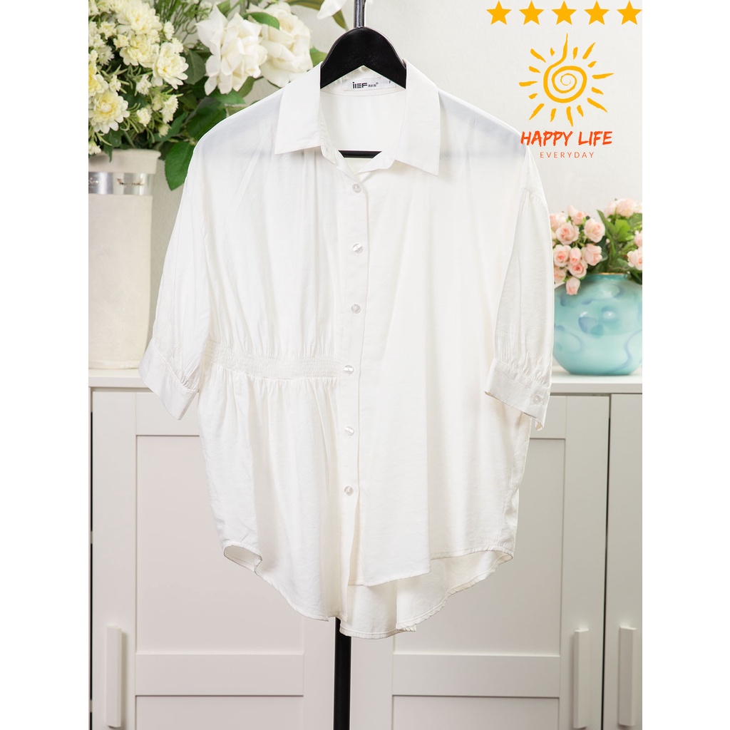 IEF เสื้อเชิ้ตมือสอง คอปกแขนพองตุ๊กตา ผ้าเรยอนผสมโปลีเอสเตอร์ ผ้านุ่มมากๆ ใส่สบายไม่ร้อน กระดุมหน้าแ