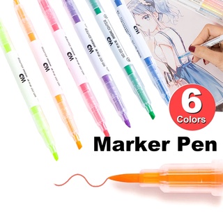 ปากกาเน้นข้อความ ไฮไลท์ มี 2หัว ปากกาไฮไลท์ เน้นข้อความ ยกแพ็ค 6แท่ง ครบทุกสี ปากกาสี highlighter Double-headed