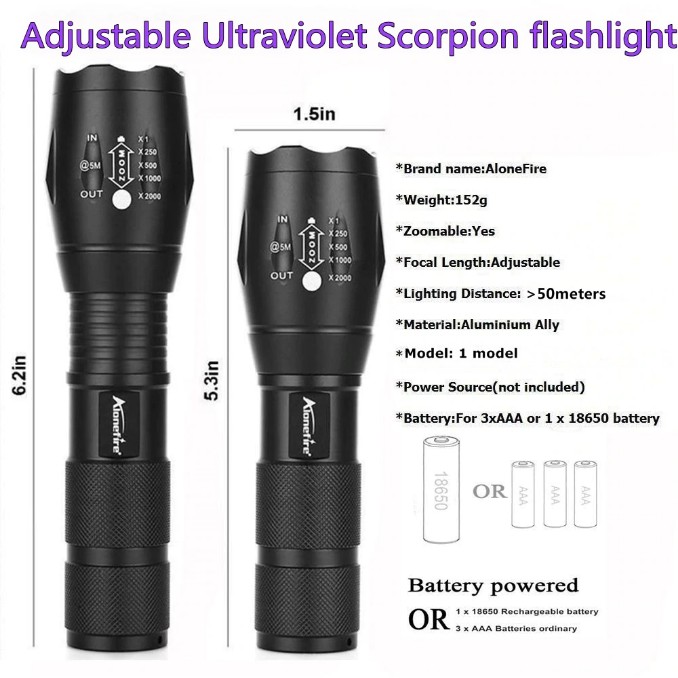 ไฟฉาย UV LED AloneFire G700 LED UV Light Zoom Flashlight 365nm Torch Travel safety Cat Dog pet urine