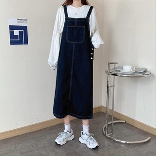 Many Jeans Dress Overalls เอี๊ยมกระโปรงยีนส์แบบยาว สียีนส์เข้ม