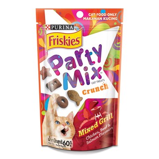 Friskies Party Mix Mixed Grill  ฟริสกี้ส์ ปาร์ตี้มิกซ์ รส ไก่ เนื้อและแซลมอน ขนาด 60g. (สีแดง)