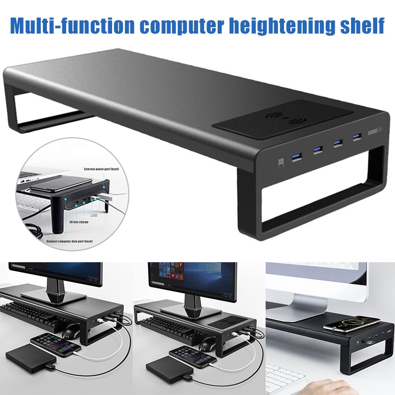 ชั้นวางจอคอม ด้วยพอร์ตชาร์จ USB 3.0 ชั้นวางจอคอมพิวเตอร์ วัสดุอลูมิเนียม ชั้นวางคอมพิวเตอร์ ที่วางจอ