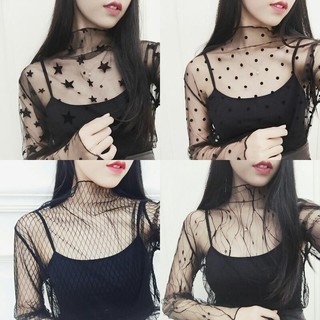 โปร่งใส bottoming เสื้อ t ulle fishnet เสื้อเซ็กซี่กลวงสีดำผ้าโปร่งลูกไม้ฤดูใบไม้ร่วงแขนยาวหญิงผ้าโปร่งซีทรูด้านบน &lt;