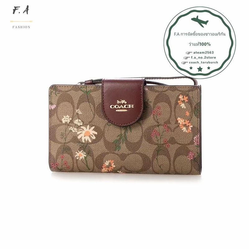 F.A ว่าแท้100% COACH OUTLET TECH กระเป๋าสตางค์ Iconic Canvas Wildflower Print  กระเป๋าสตางค์ผู้หญิง  กระเป๋าโท้ท C8729
