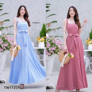 17351 Dress แม็กซี่เดรสยาว ลายสก็อตผูกเอว Maxi long dress, plaid pattern, tied at the waist