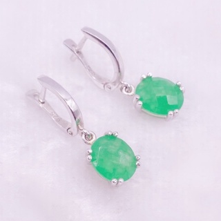 L6437 ต่างหูพลอยอเวนเจอรีนแท้ ( Aventurine ) แบบอิงลิชล็อค ตัวเรือนเงินแท้ 925 ชุบทองคำขาว