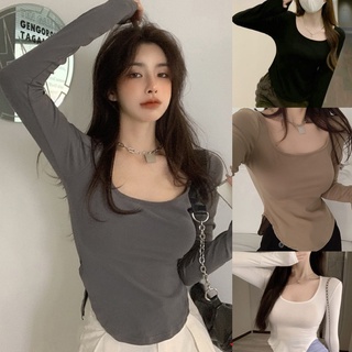 Korean🧧 เสื้อครอปชายเสื้อเว้าทรงตัวยู แขนยาวคอกลมกว้าง 4 สี