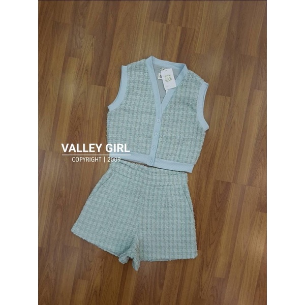 ชุดเซตขาสั้นผ้าทวิตสีฟ้า งานป้าย Valley girl sizeL***มือ1ป้ายห้อย