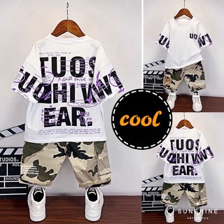 ชุดเต้นเด็กชาย hiphop เสื้อแขนสั้น+กางเกงขาสั้นลายพรางเด็กผู้ชาย army boy short 6-12year （ส่งจากกรุงเทพ)