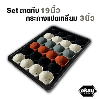 Okay plas set ถาดไดโซะแบบทึบ ขนาด 19 นิ้ว + กระถางแปดเหลี่ยม 3 นิ้ว 24 ใบ