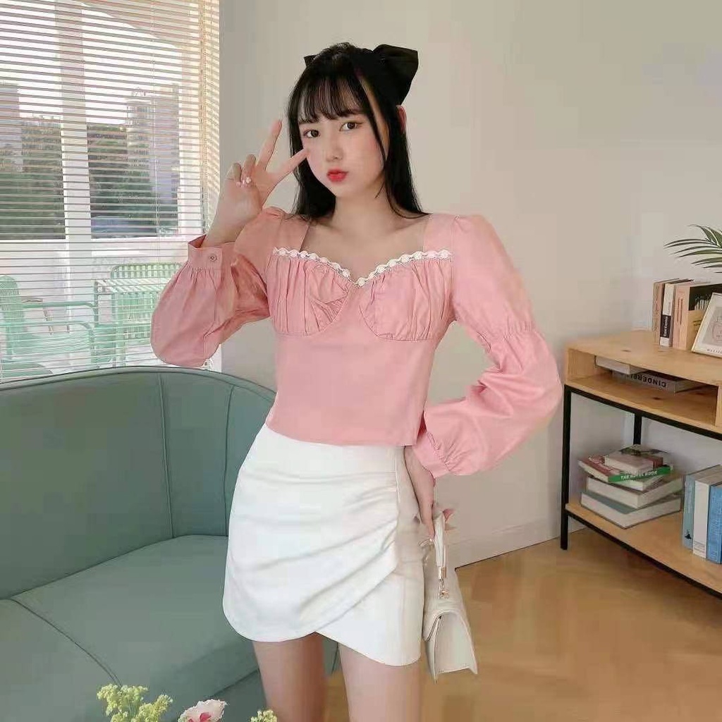 DODO*มาใหม่พร้อมส่ง*เสื้อแขนยาว อกทางเปลือกหอย ผ้าฝ้าย สีสวย ดูหรูหรา  ใส่สบาย(720)