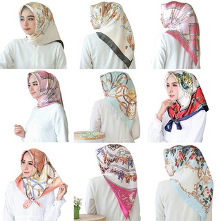 Aibins 1A1-49 Tudung Bawal ผ้าพันคอ ผ้าคลุมไหล่ ผ้าซาติน พิมพ์ลาย ทรงสี่เหลี่ยม คุณภาพสูง WJ1001/ 90 ซม.