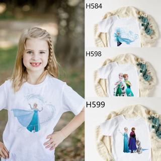 เสื้อยืด แขนสั้น พิมพ์ลายการ์ตูนกราฟิก Frozen Elsa แฟชั่นฤดูร้อน สําหรับเด็กผู้หญิง