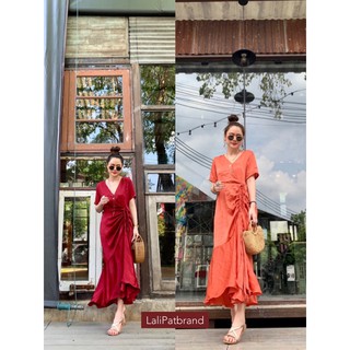 flare ruffle maxi  dress เดรสยาว คอวี ป้ายหน้า ผ้าซาติน เนื้อทิ้งตัว