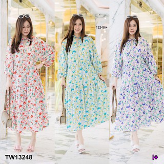 J13248 Maxi Dress เดรสยาว #สาวอวบ แขนยาว ลายดอก