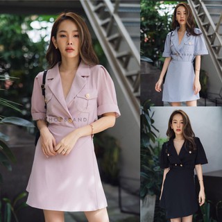 พร้อมส่ง-Vshop เดรสสูทกระดุมหน้า ดีไซน์เก๋ด้วยกระโปรงไขว้หน้า เนื้อผ้าทิ้งตัว