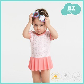 KĖĖD : ชุดว่ายน้ำเด็กแขนสั้น ผ้าลายเชอรี่สีขาวพีช Cherry Printed Sun Protective Swimwear