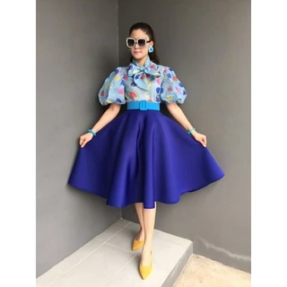 ชุดเซตเสื้อแขนพองคอผูก ชุดย้อนยุค ชุดทองกวาว (ครบเซต)