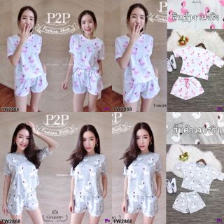 TW2868-Set T-Shirt + Pants set ลายนก Famingo