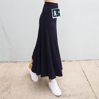 RINLIN กระโปรงยาว ทำงาน ออฟฟิศ เที่ยว ขอบยองยืด สีน้ำเงิน ผ้านุ่ม Women Maxi Long Blue Wedding Officewear Casual Skirt