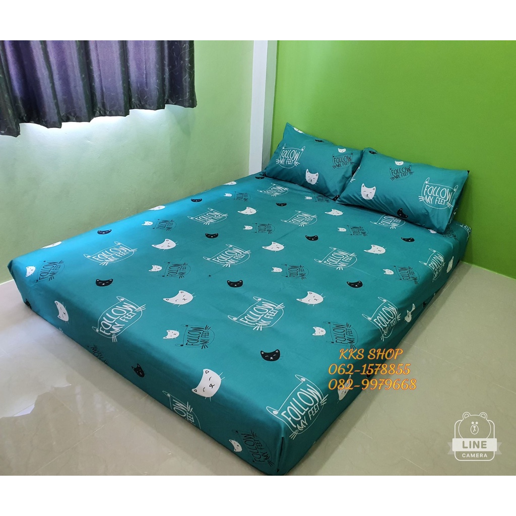 ผ้าปูที่นอนรัดมุม *ลายแมวสีเขียวลายใหม่* ขนาด3.5/5/6ฟุต (รับเฉพาะผ้าปูที่นอน) เนื้อผ้า Cotton สีไม่ตก