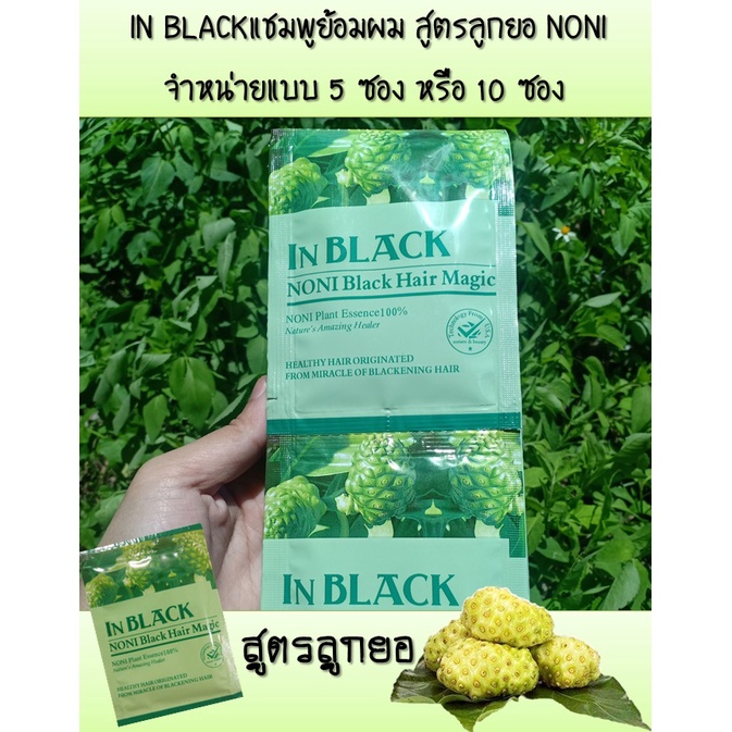 IN BLACK แชมพูย้อมผม สูตรลูกยอ 5-10ซอง NONI แชมพูเปลี่ยนสีผม - สีดำ Black Hair Magic Shampoo แชมพูปิดผมขาว