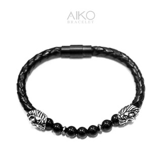 The Lion Charm กำไลหินมิกซ์หนัง (Black Onyx)