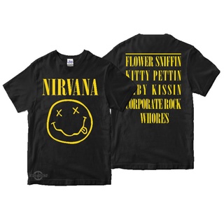 Nirvana เสื้อยืด - SMILEY FACE FLOWER SNIFFIN พรีเมี่ยม nirvana ไม่เคยรังเกียจในกลิ่นอับเหมือนวัยรุ่น