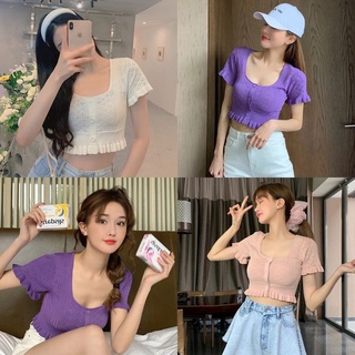 ❤✅เสื้อไหมพรมแขนสั้นครอปคอยูแต่งขอบเสื้อระบายผ้าฉลุเบสิค