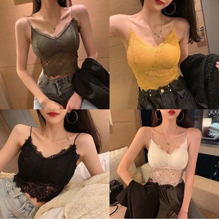 เสื้อครอปลูกไม้เอวลอยครึ่งตัวมีฟองน้ำในตัวเก็ตตี้นิ่มและยืดหยุ่นได้(เสื้อสายเดี่ยวลูกไม้)
