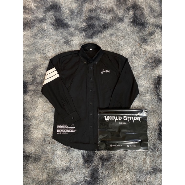แฟชั่น เสื้อเชิ้ต มีสามสี สามแถบหนัง สกรีนอก World Street ( มีรูปรีวิวตอนใส่ )
