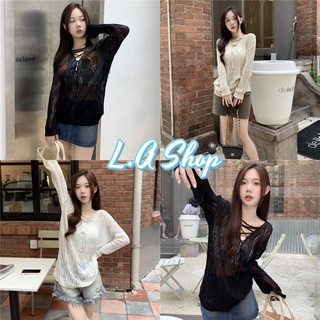 L.A Shop พร้อมส่ง เสื้อไหมพรมแบบถัก แขนยาวซีทรูมีเชือกผูกด้านหน้า "2119-1"