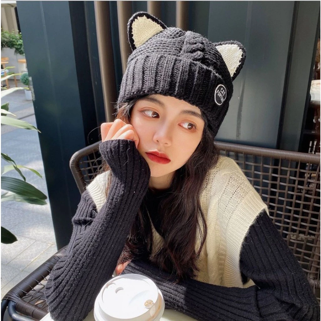 หมวกถักผ้าวูลแต่งหูแมว สไตล์เกาหลี