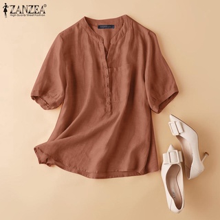 Zanzea เสื้อเบลาส์ลําลอง แขน 3/4 ติดกระดุมด้านหน้า สีพื้น สไตล์วินเทจ สําหรับผู้หญิง