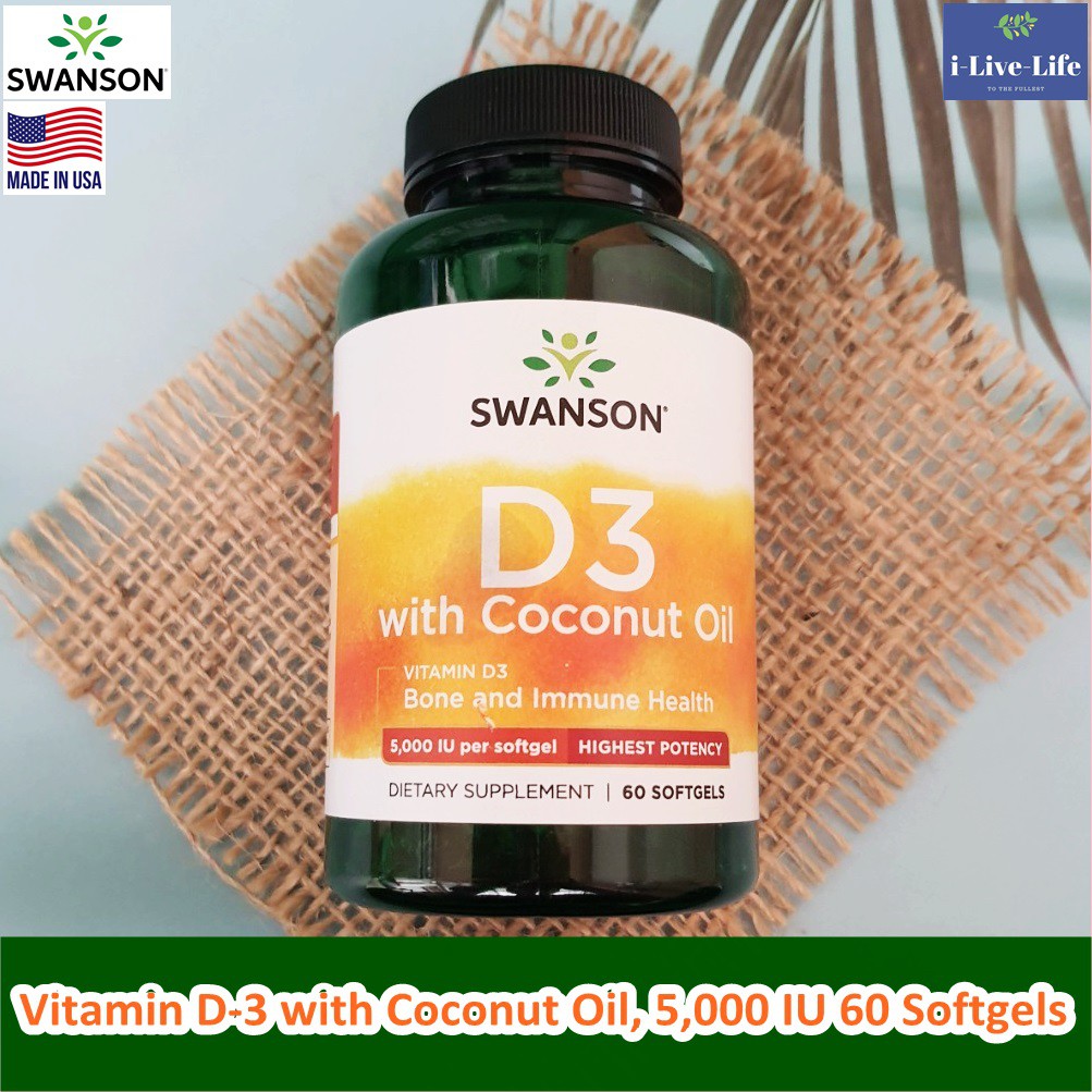 วิตามินดี3 กับ น้ำมันมะพร้าว Vitamin D-3 with Coconut Oil, 5,000 IU 60 Softgels - Swanson D3 D 3