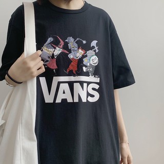 Vans เสื้อยืดลําลองสําหรับผู้ชายผู้หญิงแขนสั้นทรงหลวมเหมาะกับการเล่นกีฬา