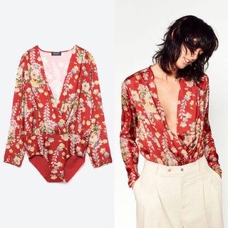 ZARA Printed Bodysuit With Crossover Neckline(ของแท้💯%)มือ2