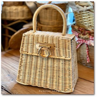 F1 Vintage tote rattan handle bag กระเป๋าหวายสานแบบถือ มีให้เลือกสีหวายธรรมชาติกับสีดำ
