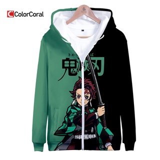 Colorcoral เสื้อกันหนาว มีฮู้ด ลายการ์ตูนอนิเมะ Demon Slayer มีซิป สําหรับเด็กผู้ชาย และเด็กผู้หญิง 2022