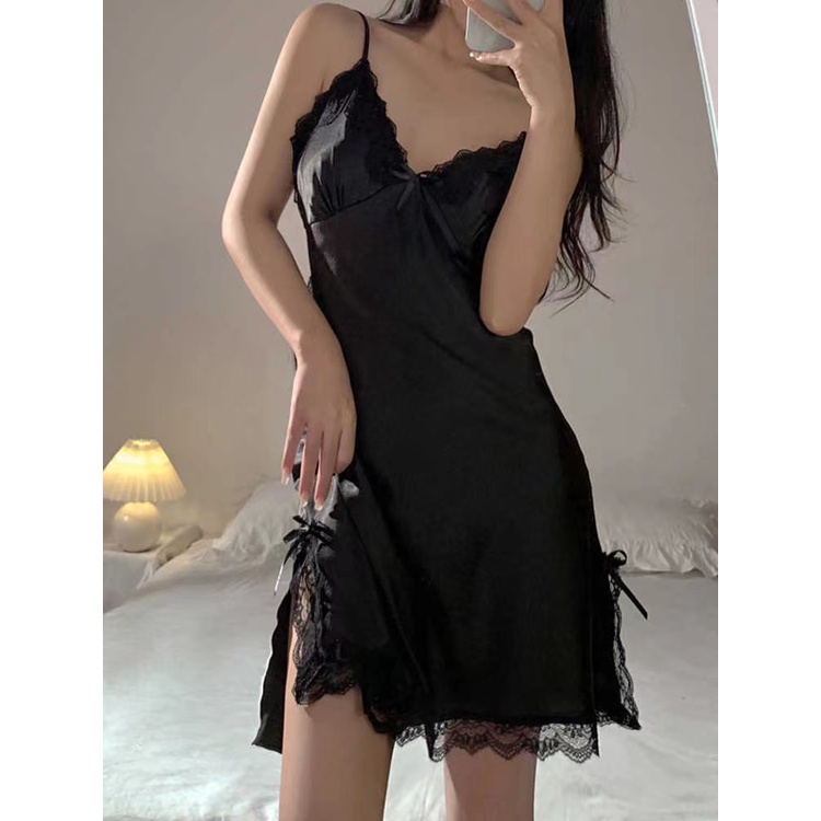 [ พร้อมส่ง ] DayDu ชุดนอนเดรสเซ็กซี่ผู้หญิง สายเดี่้ยว เเต่งด้วยลูกไม้งานดี D101 - รูปที่ 4