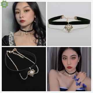 Cod Qipin Vintage Women Ladies Gold Heart Pendant Necklace Velvet Chain Retro Collar Black Choker