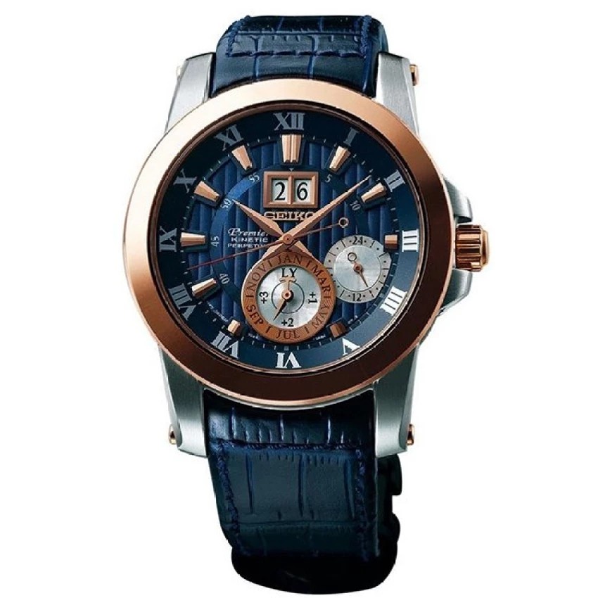 SEIKO Premier Kinetic Perpetual Novak Djokovic Special Edition สีเงิน/สีน้ำเงิน สายหนังน้ำเงิน รุ่น SNP126P1