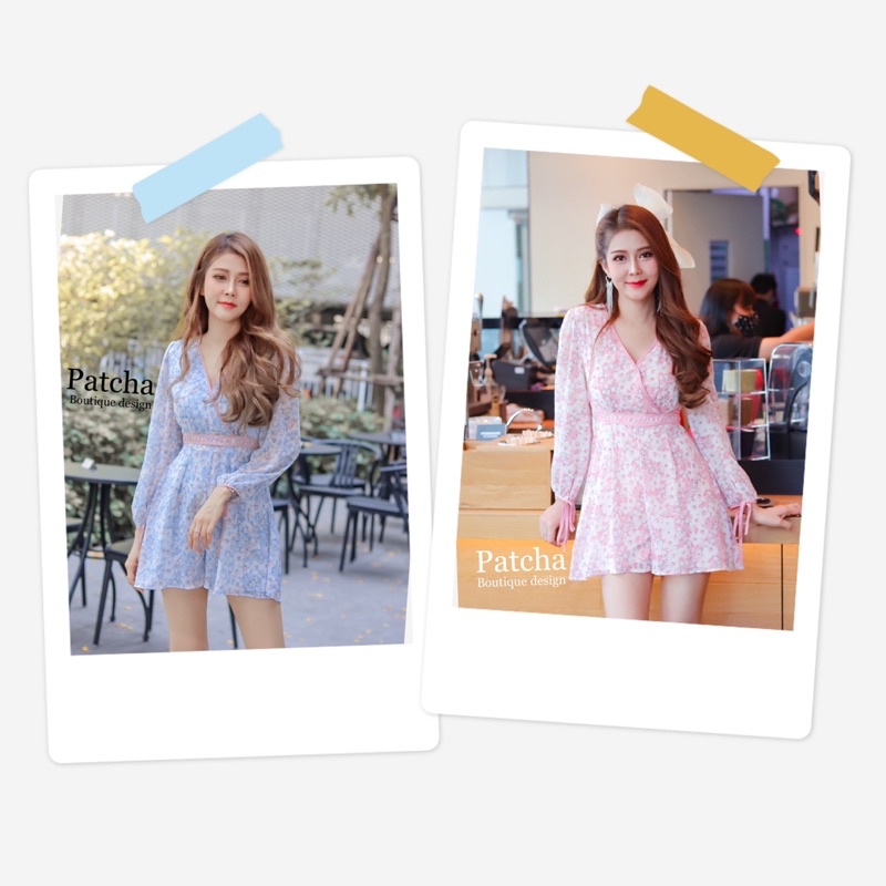 จั๊มสูท จั๊มสั้นลายดอก จั๊มสีฟ้า แบรนด์patcha patcha ลายดอก พาสเทล