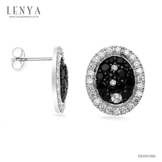 Lenya Jewelry ต่างหูเงินแท้ดีไซน์รูปไข่ประดับด้วยนิล (Black Spinel) ล้อมด้วยคิวบิกเซอร์โคเนีย(Cubic Zirconia)