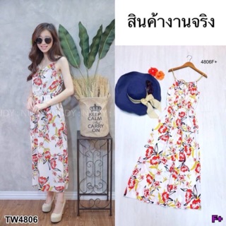 Maxi Dress เดรสสายเดี่ยวลายดอกไม้ มีเชือกผูกโบว์ตรงหน้าอก